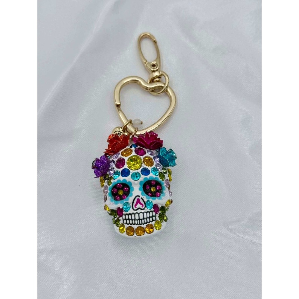 Betsey Johnson Sugar Skull Keychain Rhinestone Flower Bag Charm Gold Tone Multi
